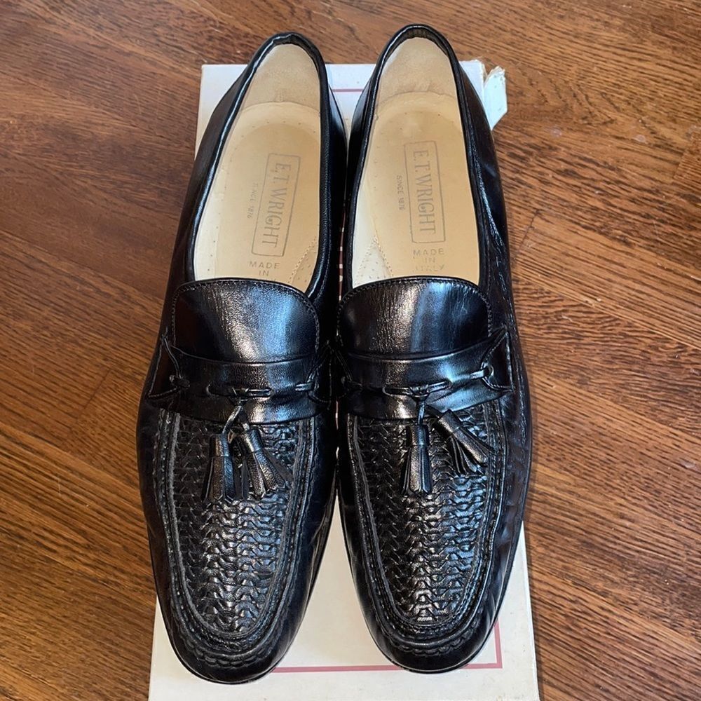 E.T. Wright Woven Vamp black leather slip on loafers‎ with tassels